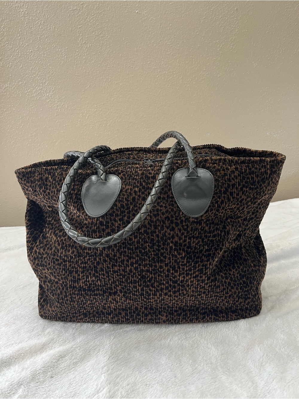 Nordic House Designs Leopard Print Corduroy Tote Bag Braided Leather Handles - Picture 12 of 12